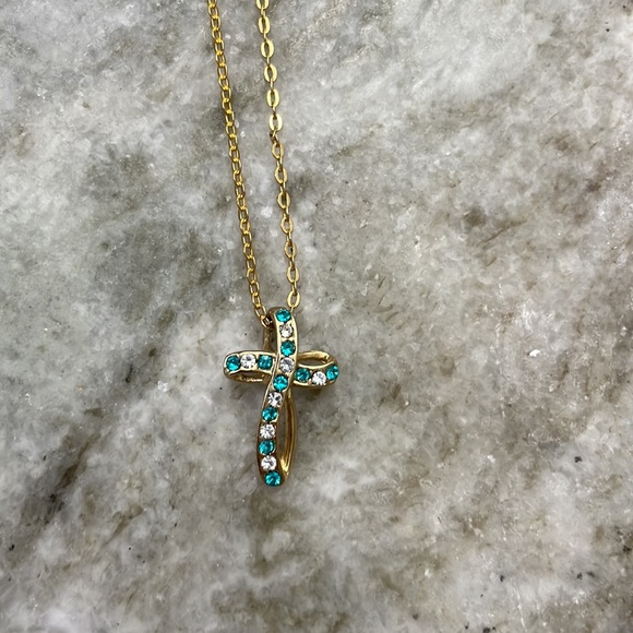 December Birthstone Blue Zircon Cross Necklace Velvet Gift Box - Picture 2 of 10